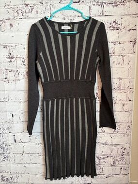 Calvin Klein Charcoal & Light Gray Striped Ribbed Long-Sleeve Dress